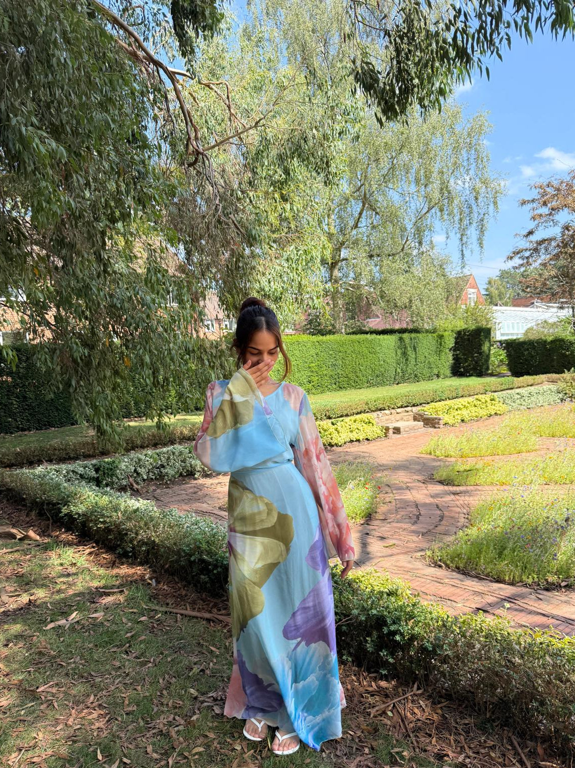 Tie back chiffon dress in botanic blues