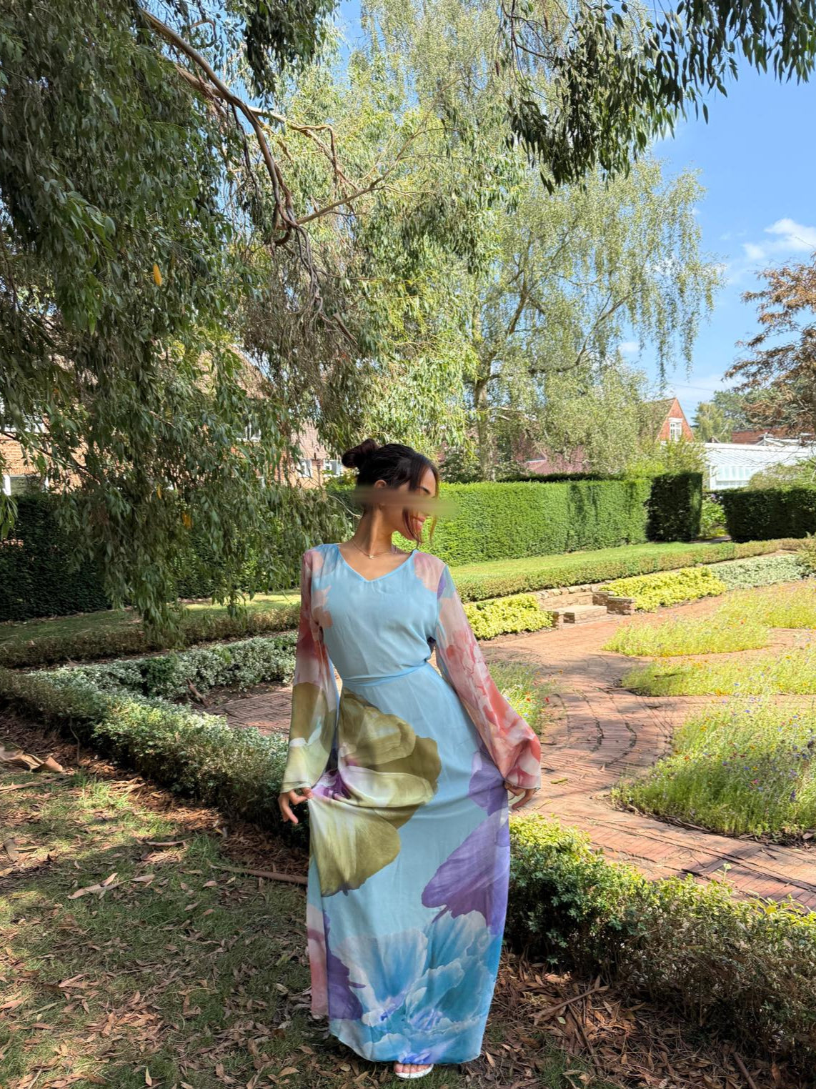 Tie back chiffon dress in botanic blues