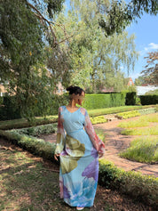 Tie back chiffon dress in botanic blues