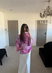 Tie back woven asymmetric top in mixed pink