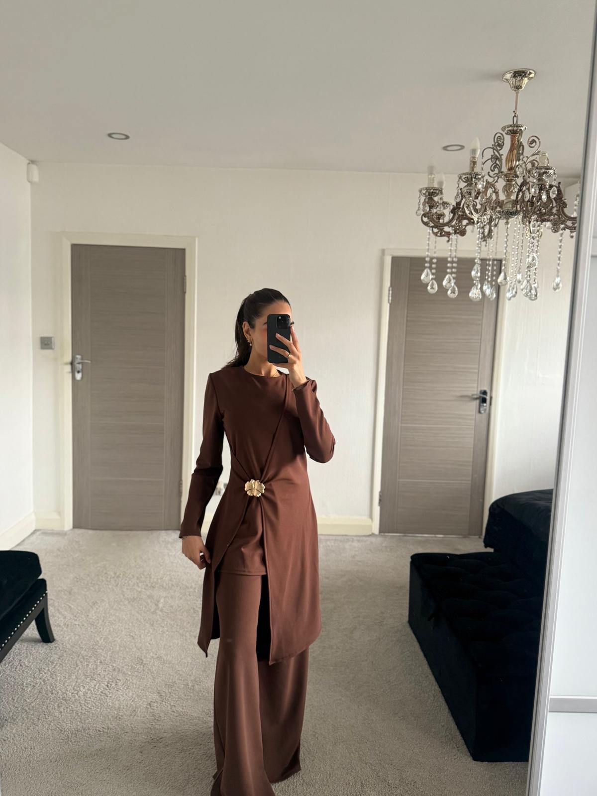 Modest long top with gold flower trim in brown