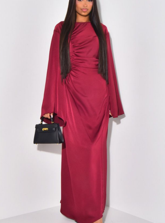 Gathered front satin tie back occasion maxi dress