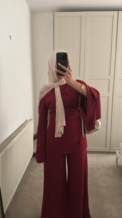 One flare one straight sleeve detail co ord set in burgundy