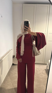 One flare one straight sleeve detail co ord set in burgundy