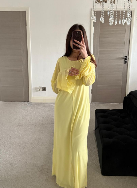 Butter yellow double frill sleeve mesh dress