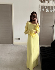 Butter yellow double frill sleeve mesh dress