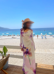 Gathered neck detail long sleeve maxi dress in mixed purple floral