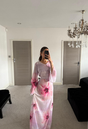 Chiffon tie back maxi dress in pink florals