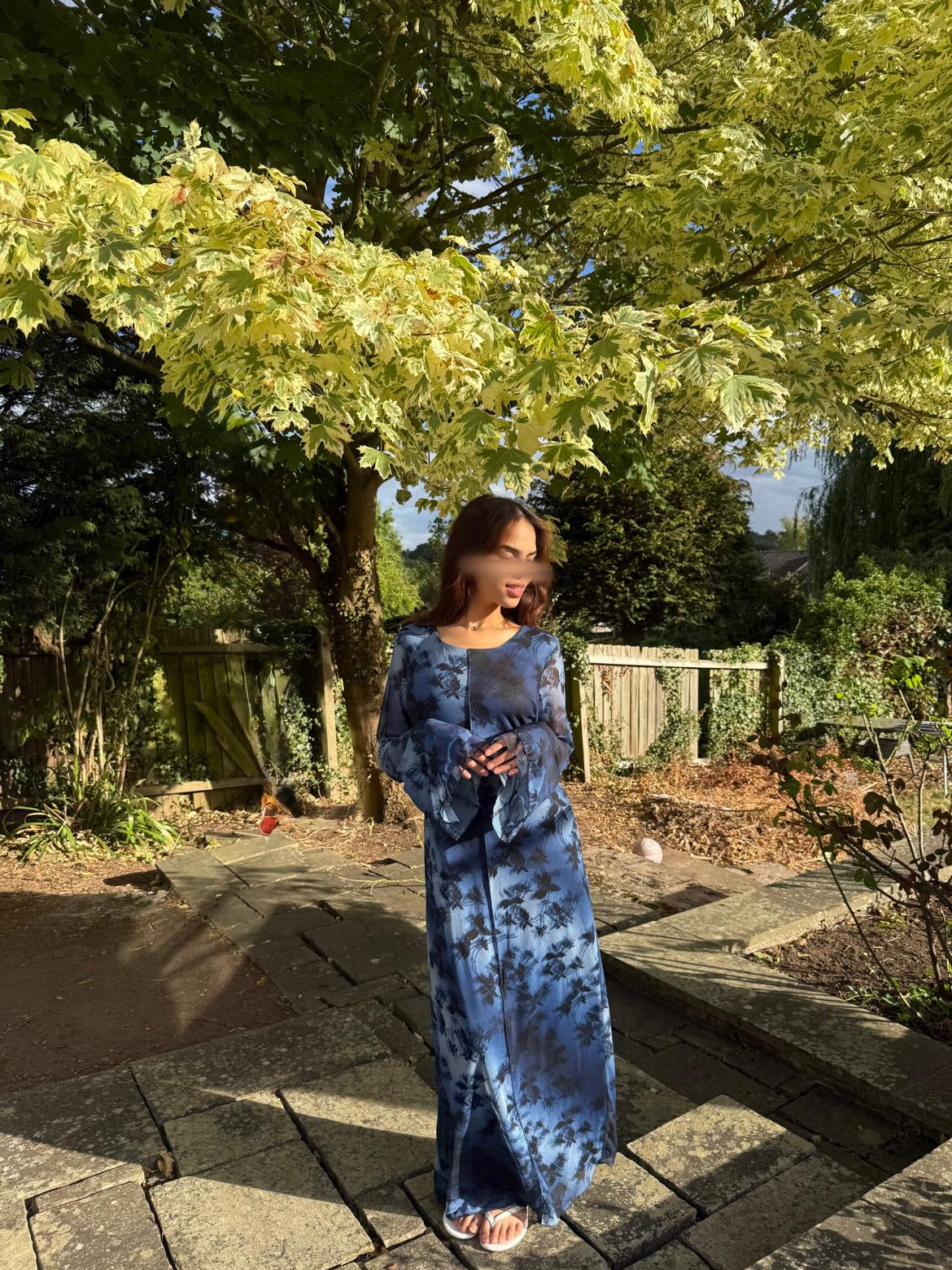 Double frill sleeve mesh dress in denim wash floral