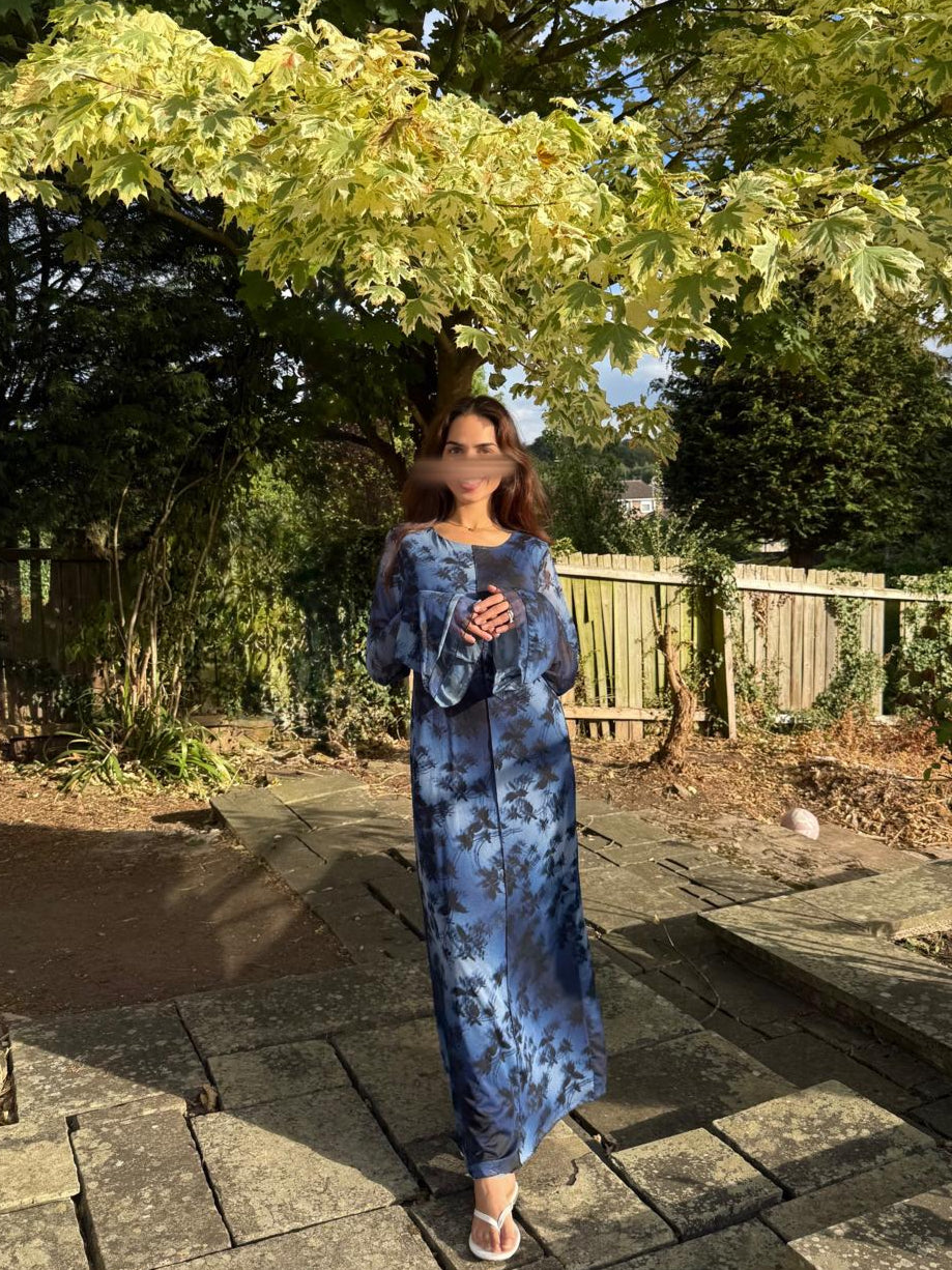 Double frill sleeve mesh dress in denim wash floral