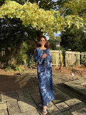 Double frill sleeve mesh dress in denim wash floral