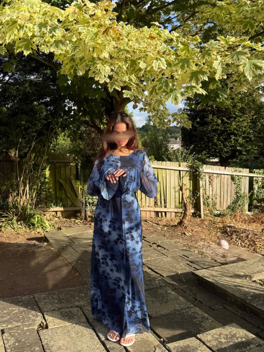 Double frill sleeve mesh dress in denim wash floral