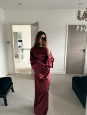 All over dimante tie back satin maxi dress - in burgundy