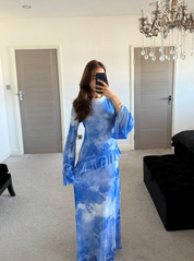 Mesh frill modest maxi dress in dreamy blues