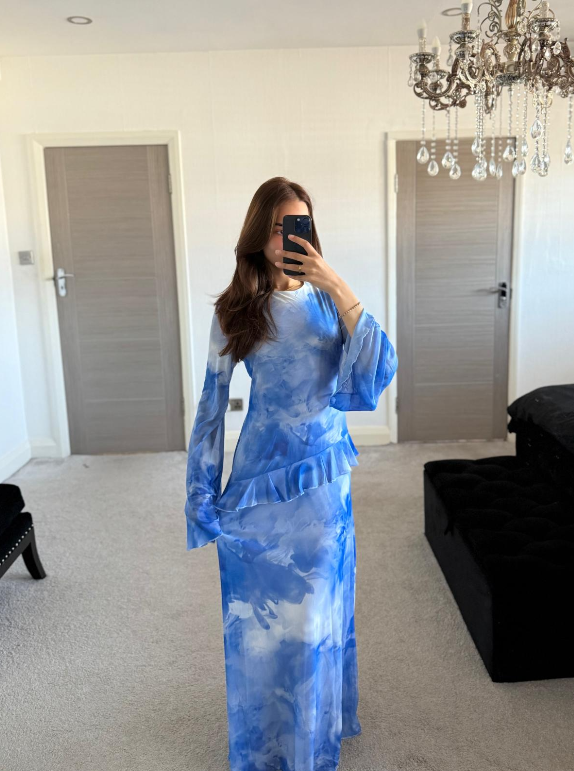 Mesh frill modest maxi dress in dreamy blues
