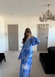Mesh frill modest maxi dress in dreamy blues