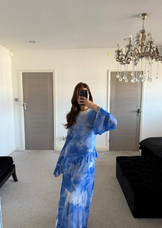Mesh frill modest maxi dress in dreamy blues