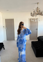 Mesh frill modest maxi dress in dreamy blues