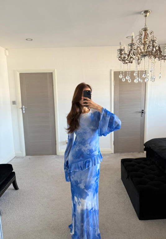 Mesh frill modest maxi dress in dreamy blues