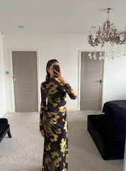 Funnel neck long sleeve mesh maxi dress in yellow blur