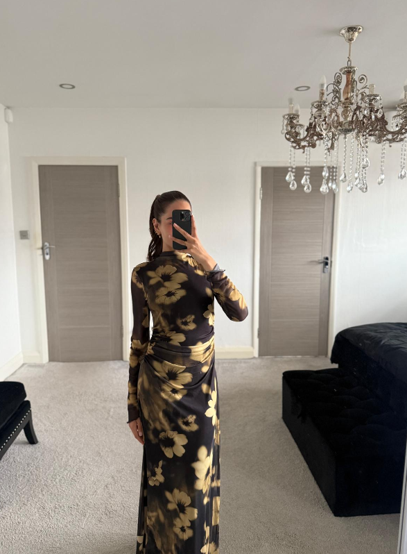 Funnel neck long sleeve mesh maxi dress in yellow blur