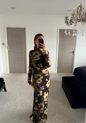 Funnel neck long sleeve mesh maxi dress in yellow blur