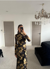 Funnel neck long sleeve mesh maxi dress in yellow blur
