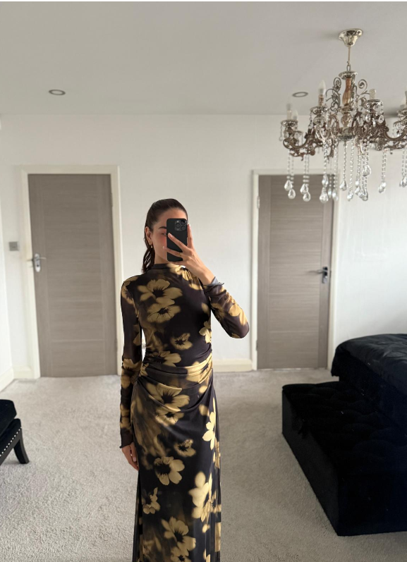 Funnel neck long sleeve mesh maxi dress in yellow blur
