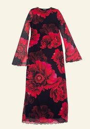 Printed Flared Sleeve Mesh Maxi Dress