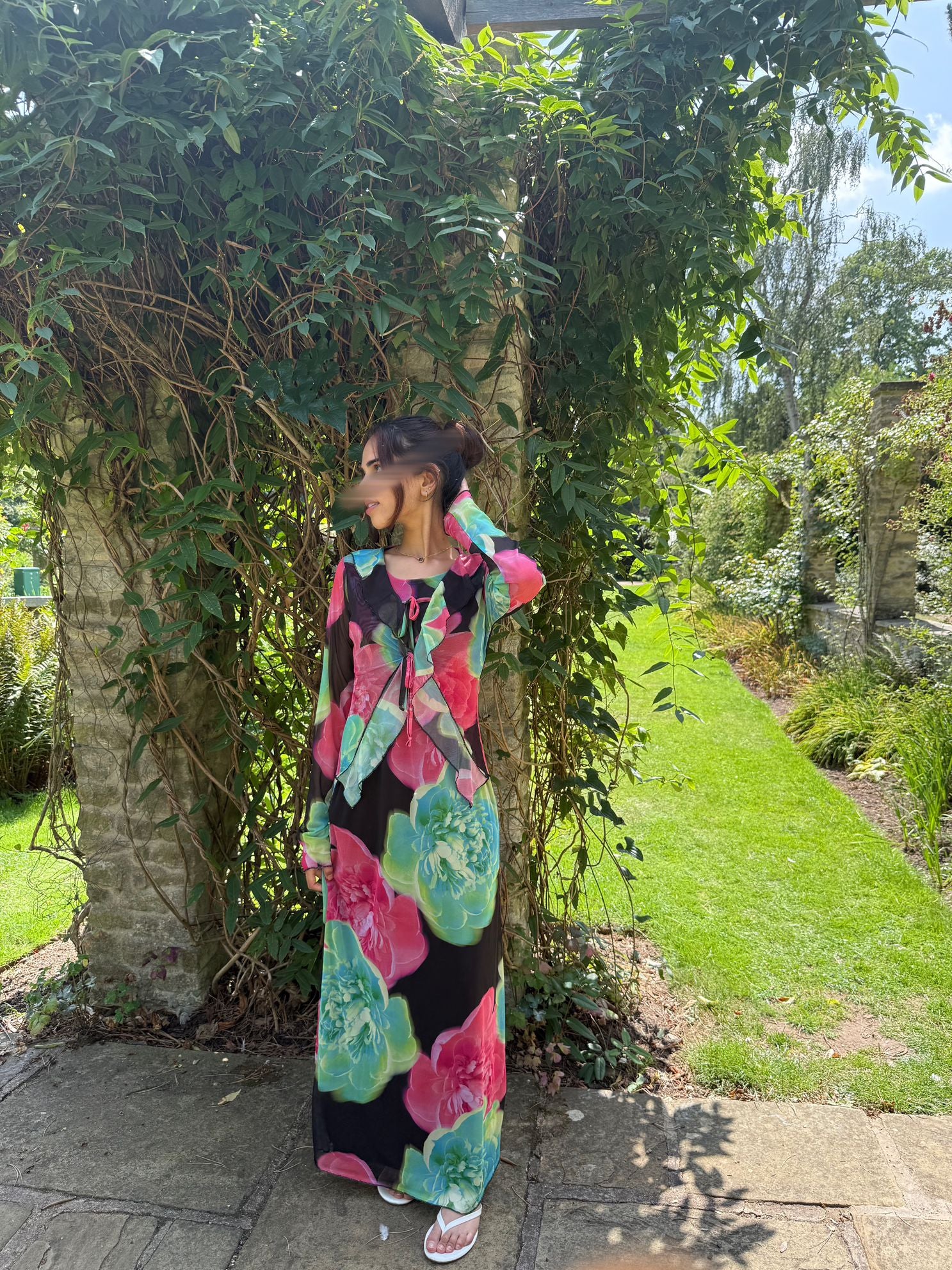 Frill jacket modest dress in florescent florals