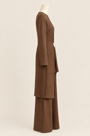 Modest long top with floral applique in espresso brown