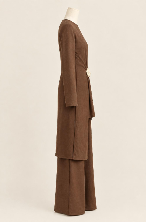 Modest long top with floral applique in espresso brown