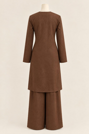 Modest long top with floral applique in espresso brown