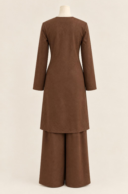 Modest long top with floral applique in espresso brown