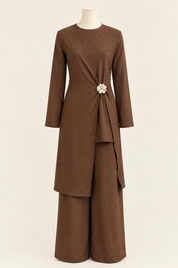 Modest long top with floral applique in espresso brown