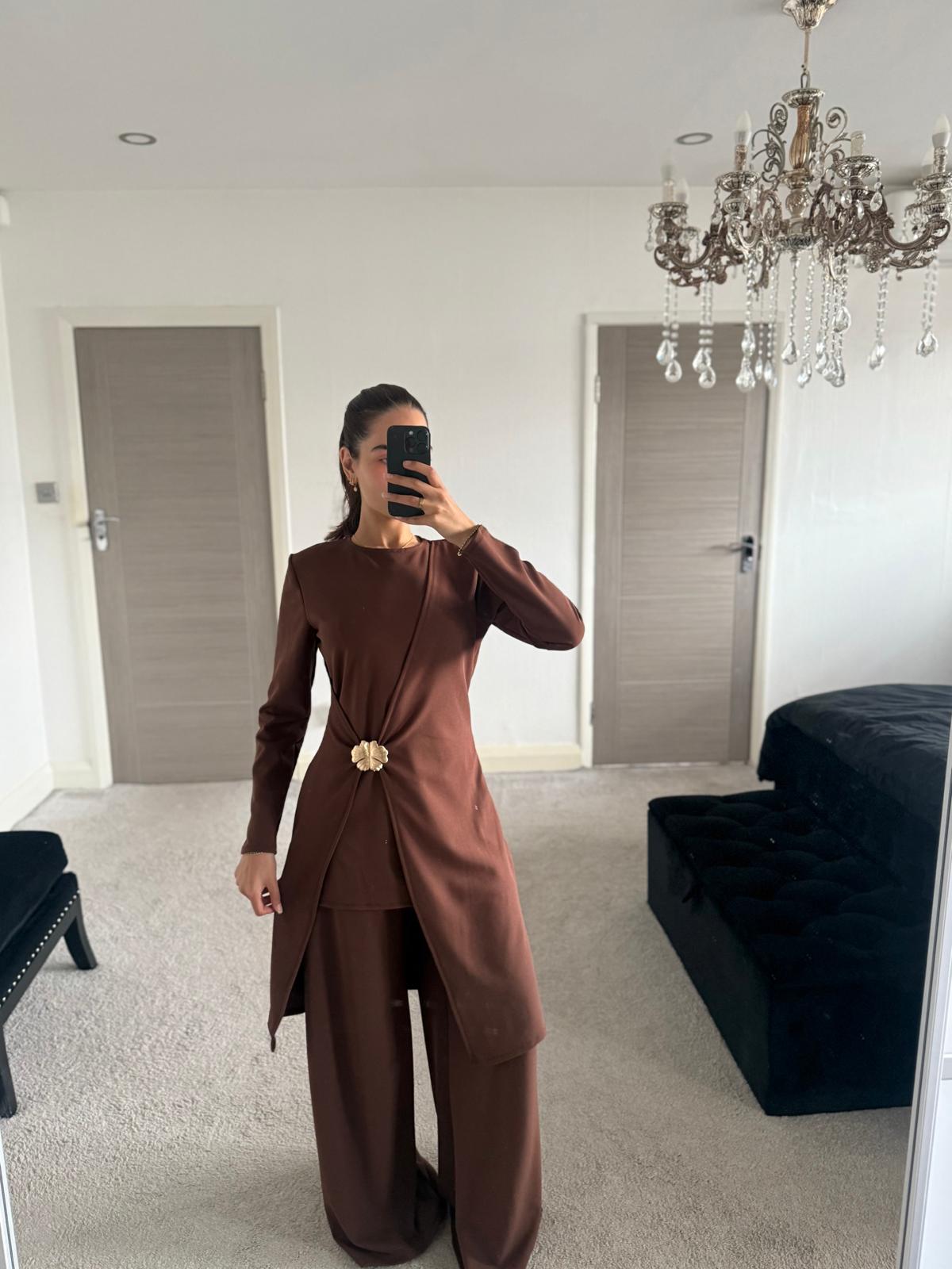 Modest long top with gold flower trim in brown