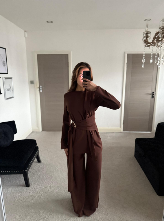 Gold trim detail blazer look co ord set in espresso brown