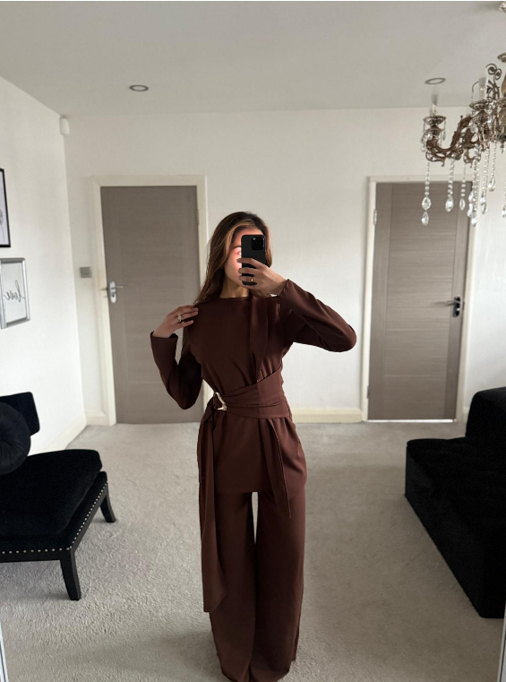 Gold trim detail blazer look co ord set in espresso brown