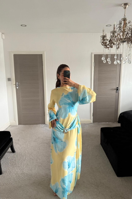 Woven trim detail drape maxi dress in yellow bloom