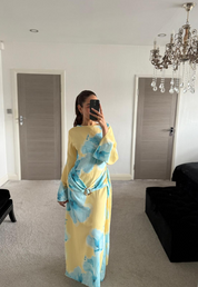 Woven trim detail drape maxi dress in yellow bloom