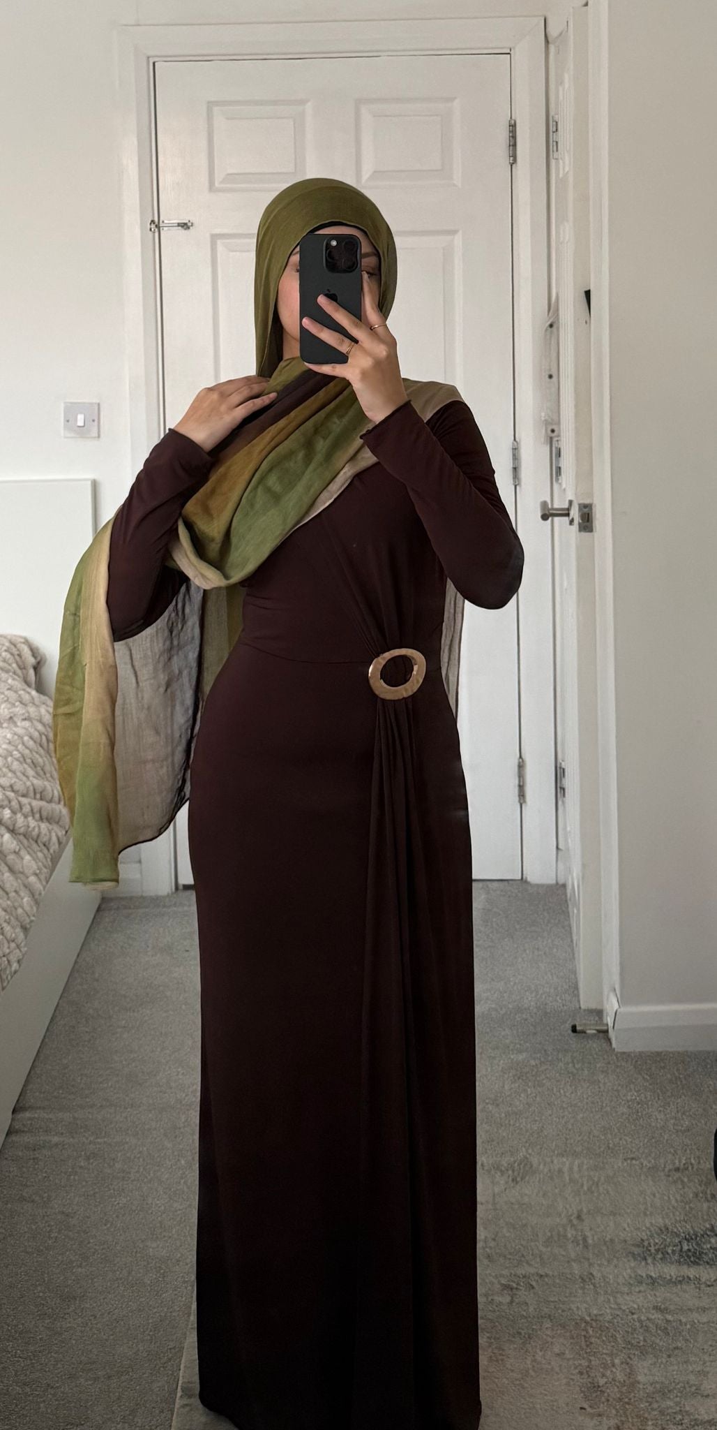 Oval trim & drape front detail long sleeve maxi dress in espresso brown