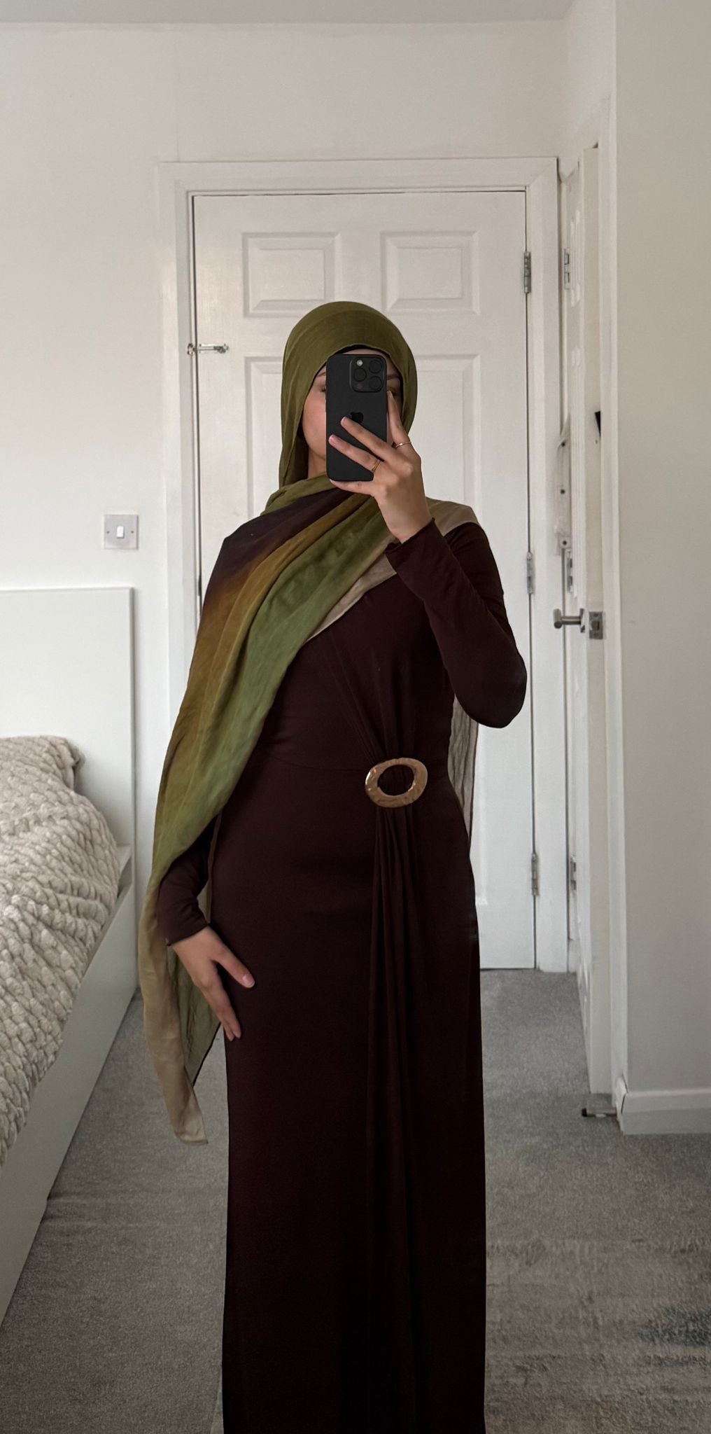 Oval trim & drape front detail long sleeve maxi dress in espresso brown