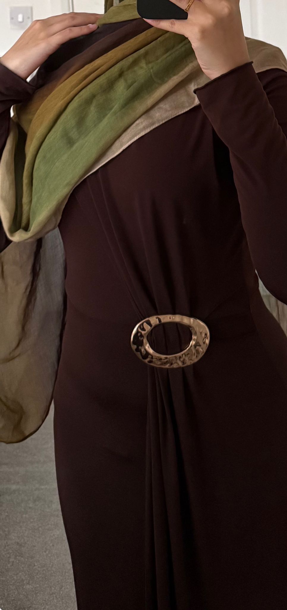 Oval trim & drape front detail long sleeve maxi dress in espresso brown