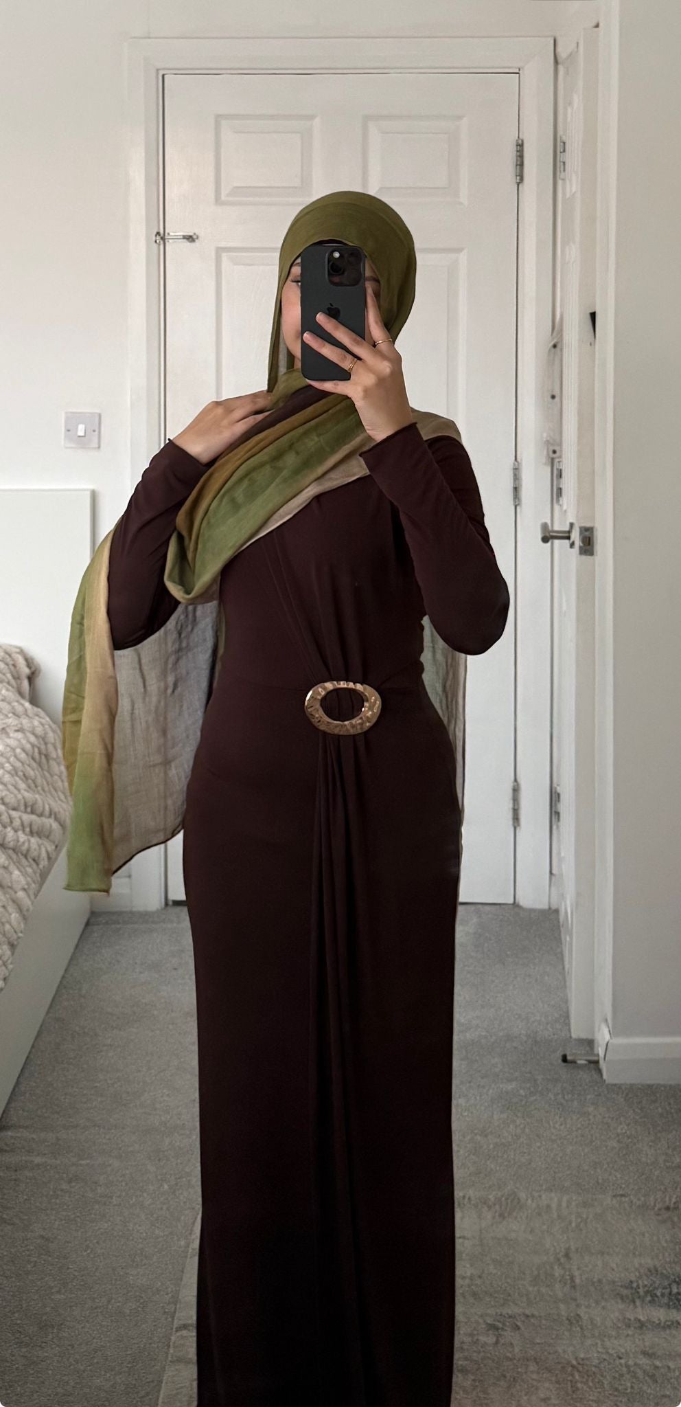 Oval trim & drape front detail long sleeve maxi dress in espresso brown
