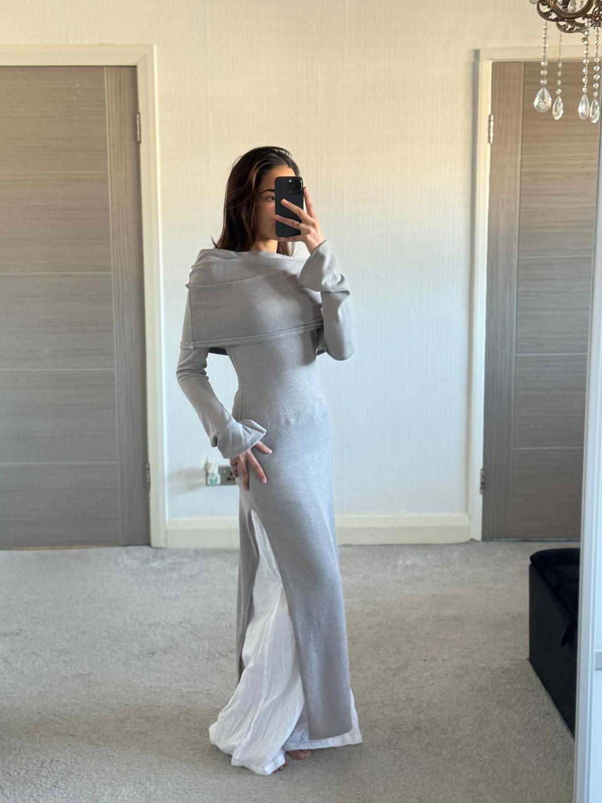 Modest bardot split detail long top in soft rib