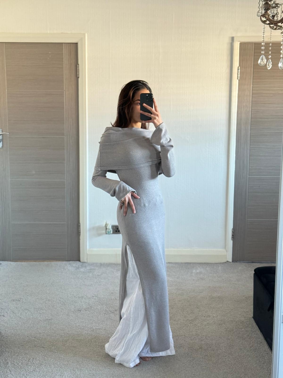 Modest bardot split detail long top in soft rib