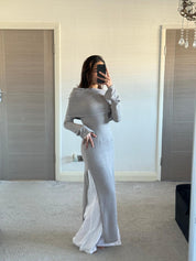 Modest bardot split detail long top in soft rib