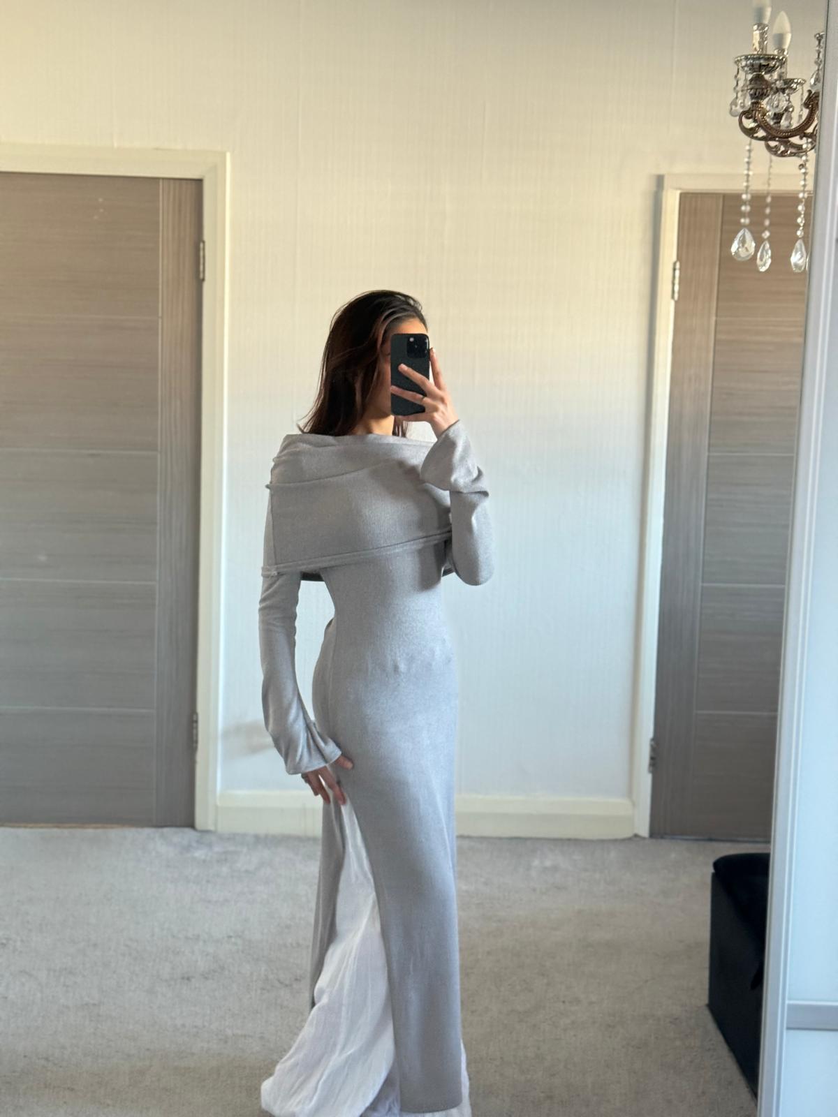 Modest bardot split detail long top in soft rib