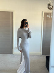 Modest bardot split detail long top in soft rib