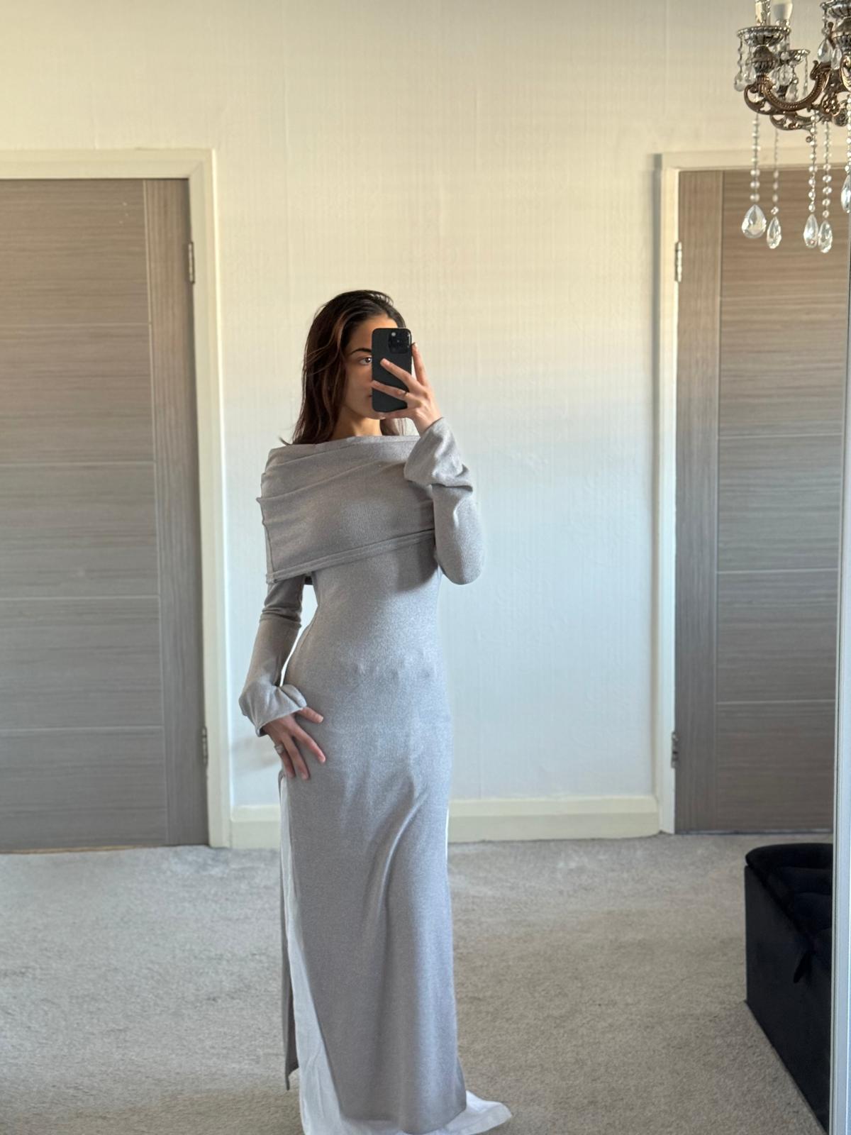 Modest bardot split detail long top in soft rib